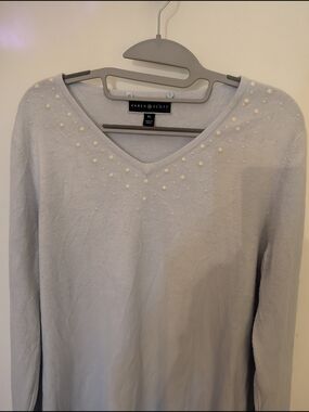 Karen Scott Faux Pearl Embellished V-Neck Sweater Light Blue Knit XL